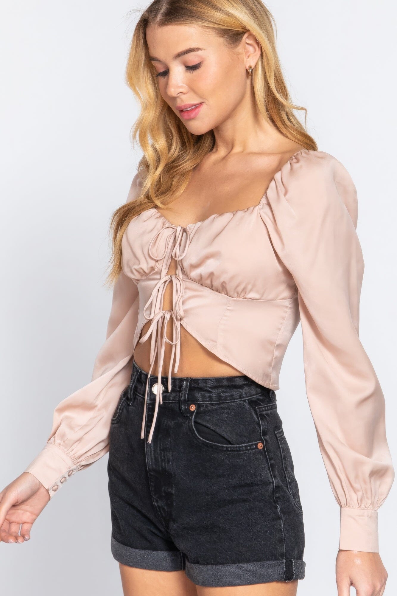 Women Long Sleeve Sweetheart Neck Front Ribbon Tie Detail Woven Top Shirts & Tops jehouze