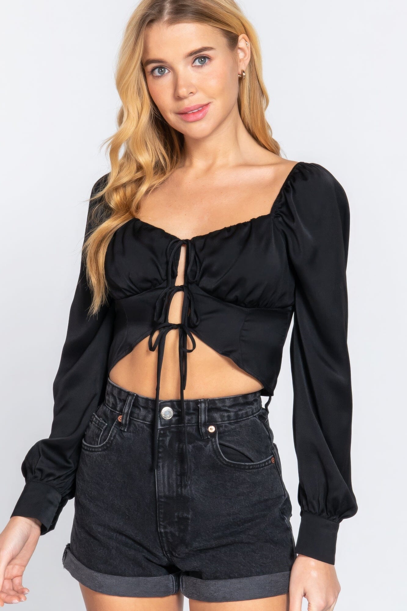 Women Long Sleeve Sweetheart Neck Front Ribbon Tie Detail Woven Top Shirts & Tops jehouze Black S