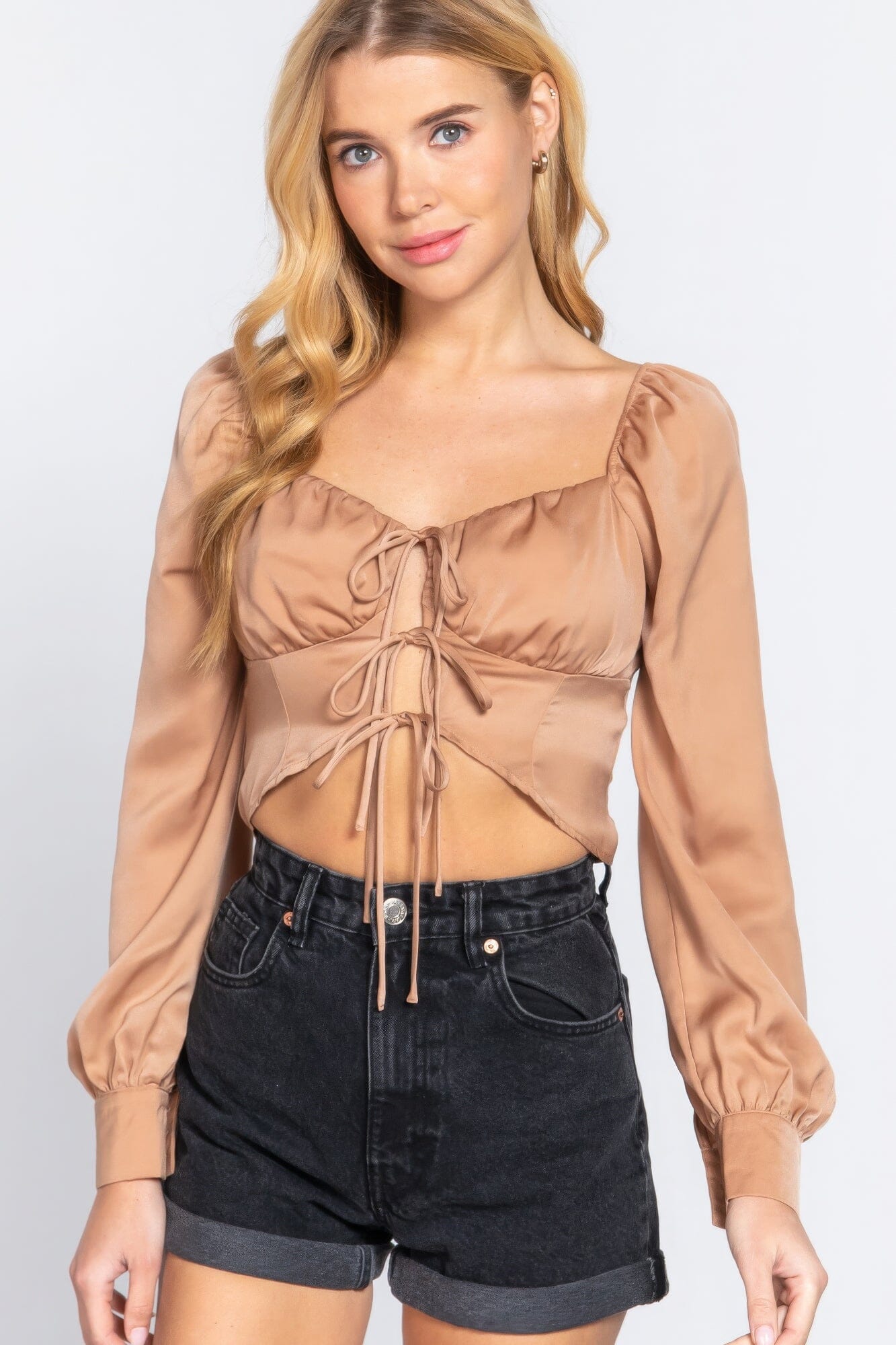 Women Long Sleeve Sweetheart Neck Front Ribbon Tie Detail Woven Top Shirts & Tops jehouze Champagne S