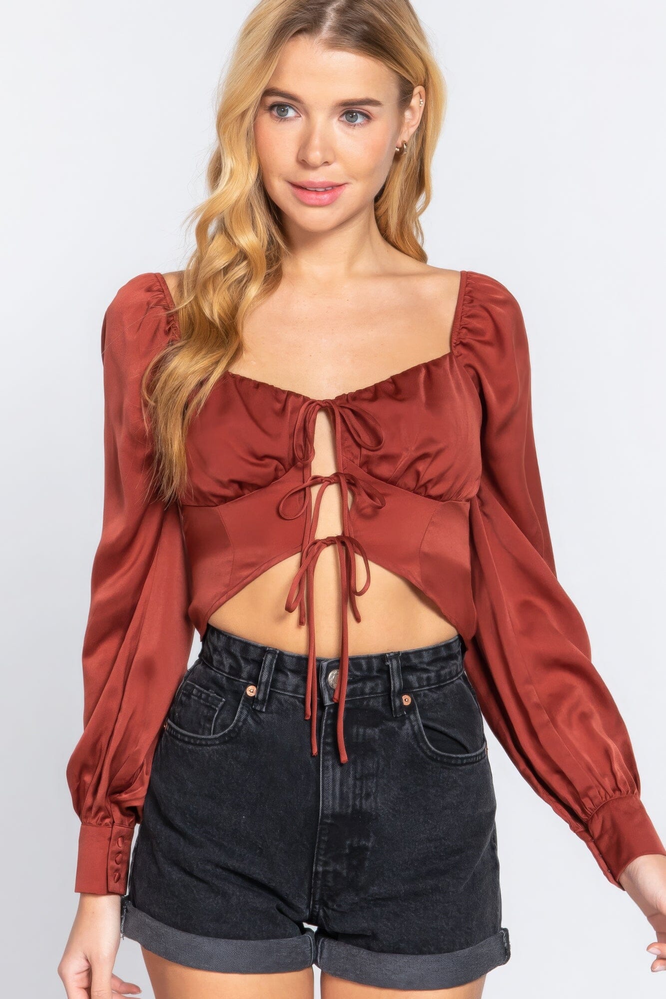 Women Long Sleeve Sweetheart Neck Front Ribbon Tie Detail Woven Top Shirts & Tops jehouze Rust S