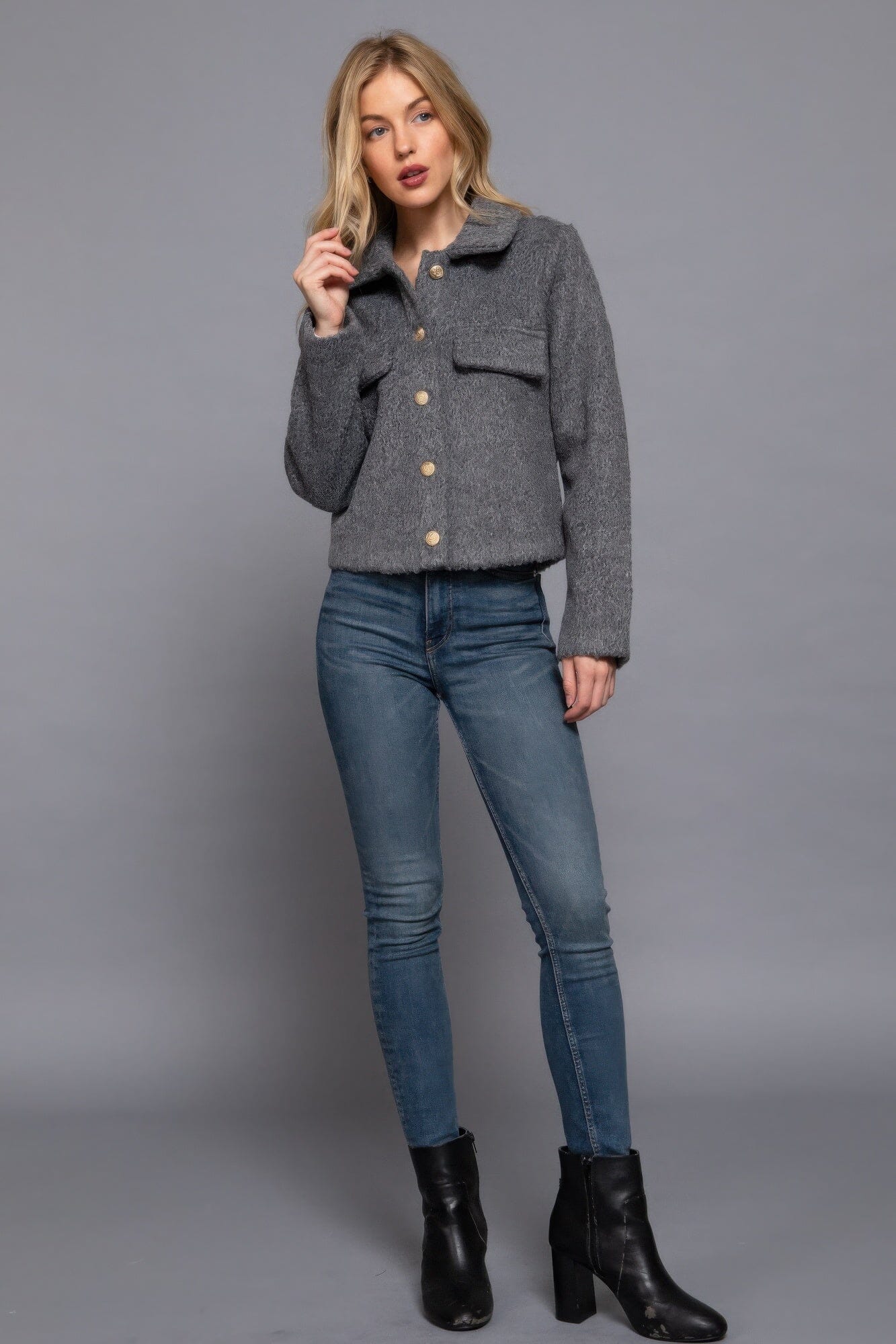 Women Long Sleeve Teddy Fleece Short Jacket Coats & Jackets jehouze Heather Charcoal S