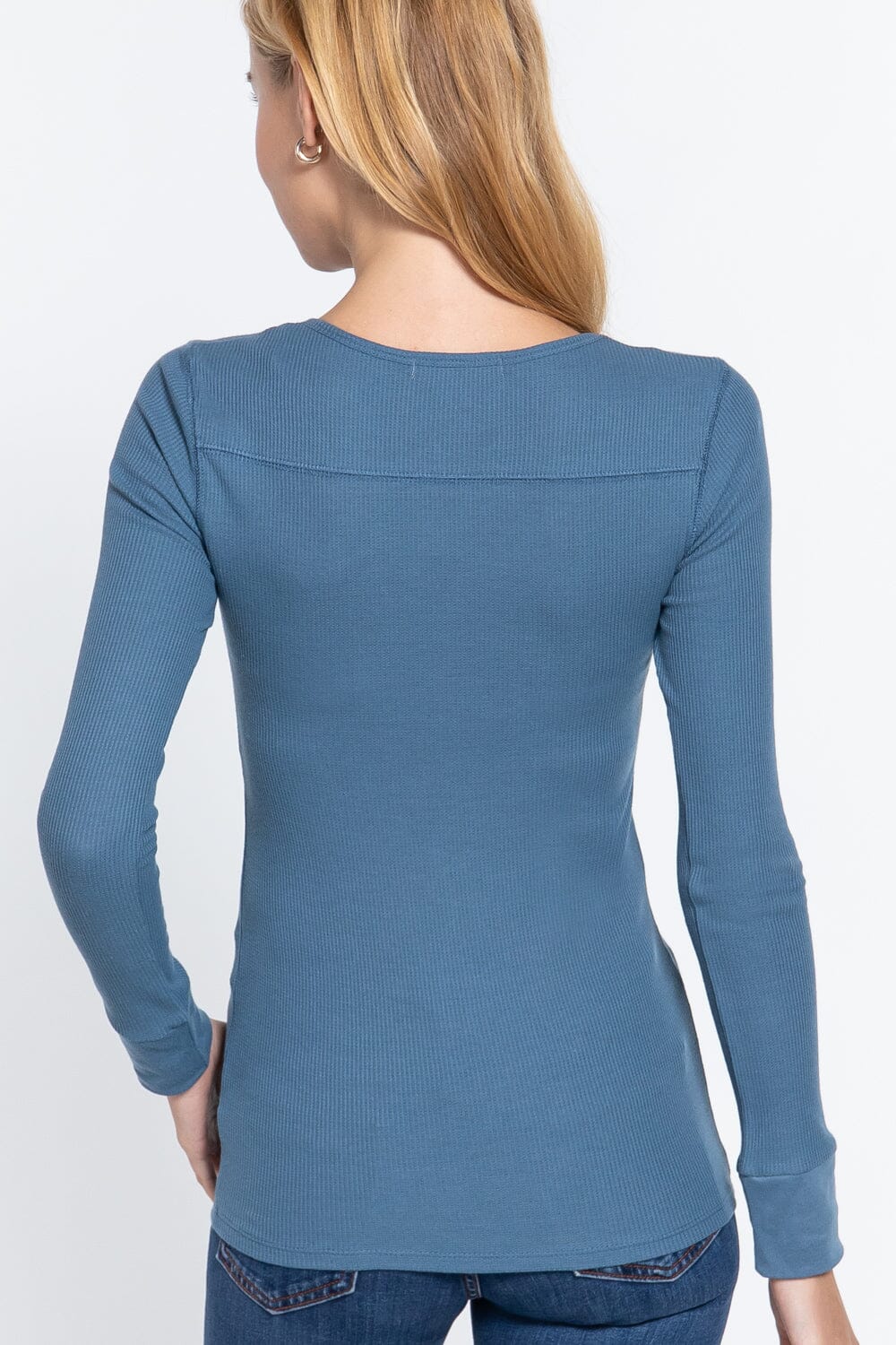 Women Long Sleeve V-neck Placket Thermal Top Shirts & Tops jehouze