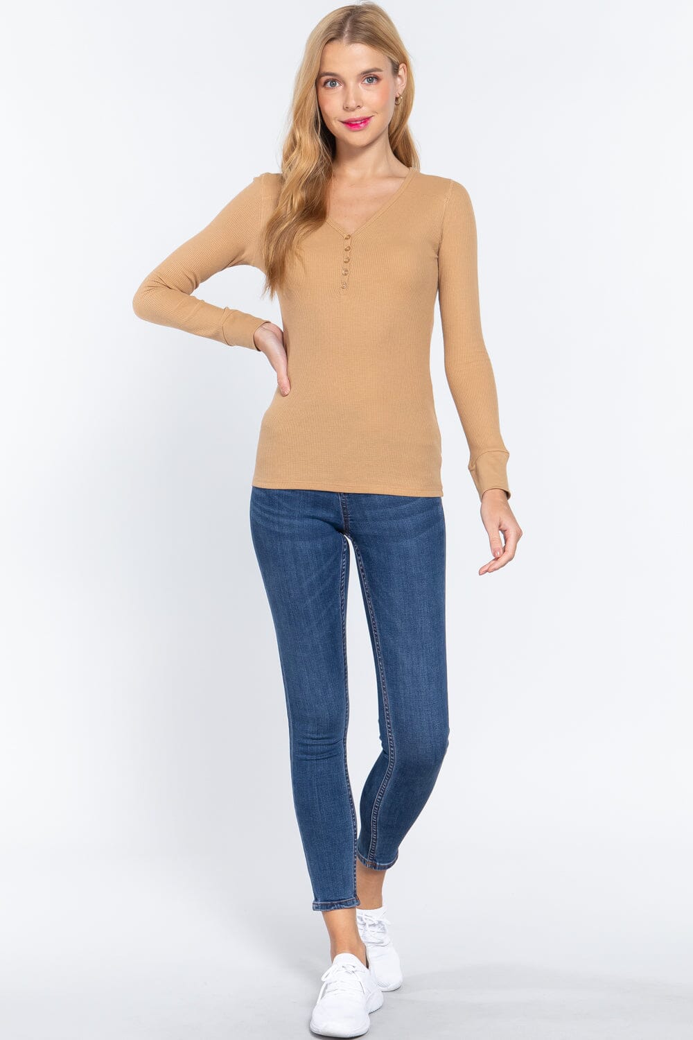 Women Long Sleeve V-neck Placket Thermal Top Shirts & Tops jehouze