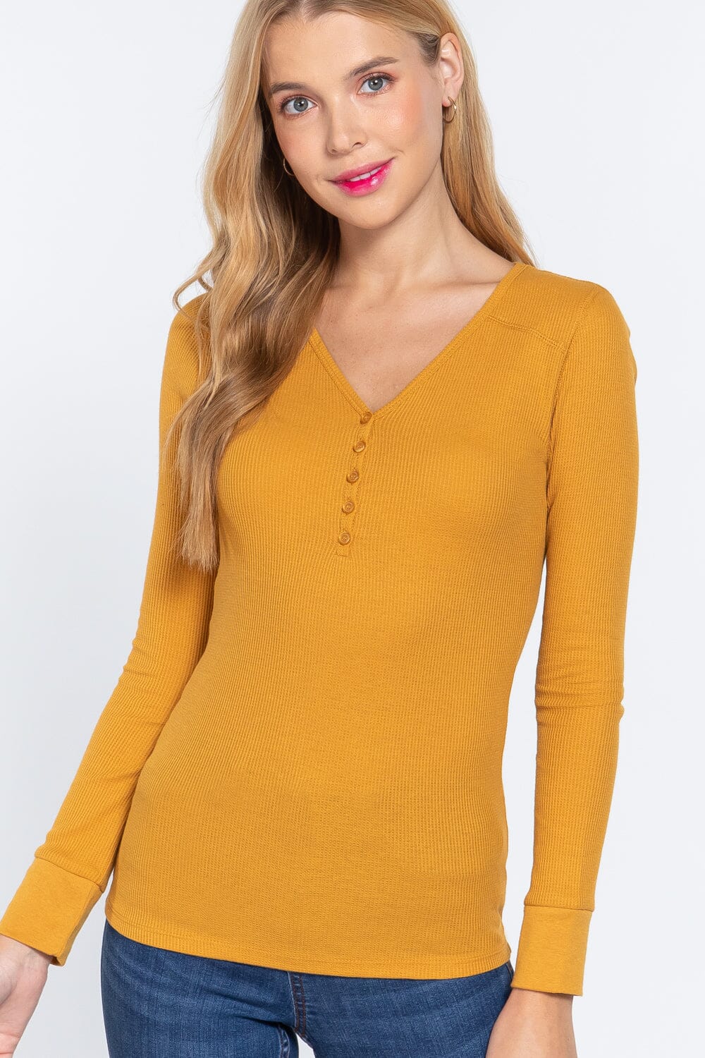 Women Long Sleeve V-neck Placket Thermal Top Shirts & Tops jehouze Deep Mustard S