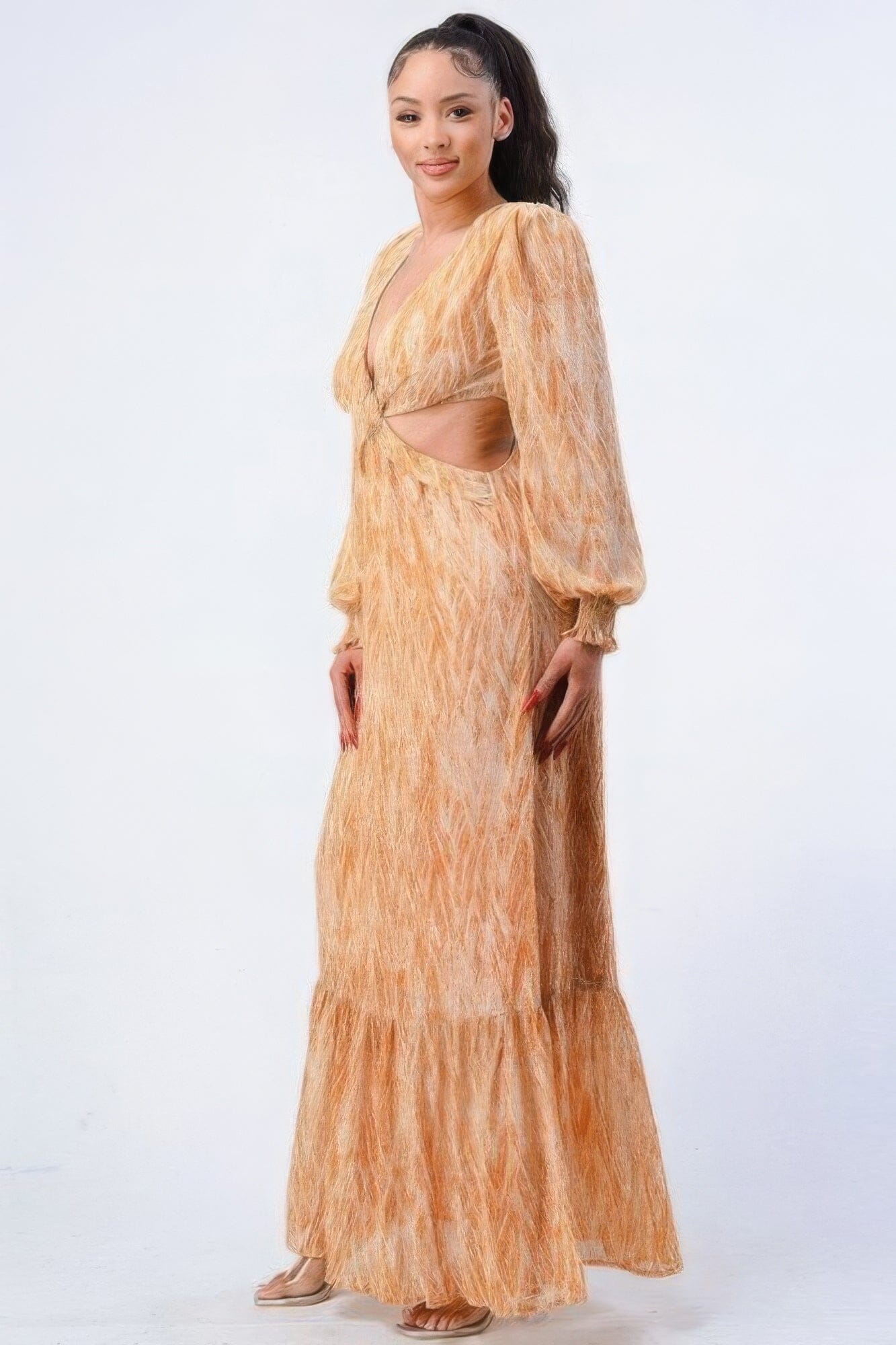 Women Long Sleeve V Neck Self Belted Side Cut Out Ruffled Maxi Dress Dresses jehouze