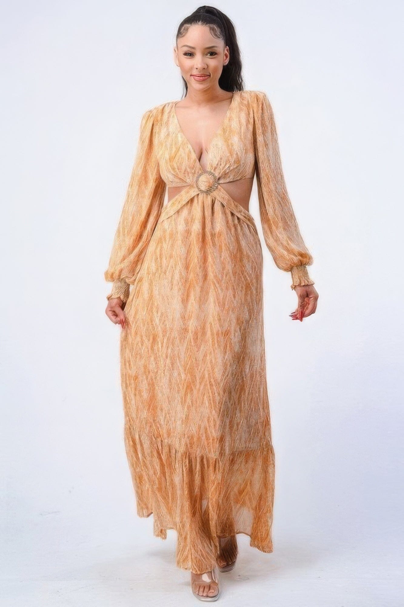 Women Long Sleeve V Neck Self Belted Side Cut Out Ruffled Maxi Dress Dresses jehouze