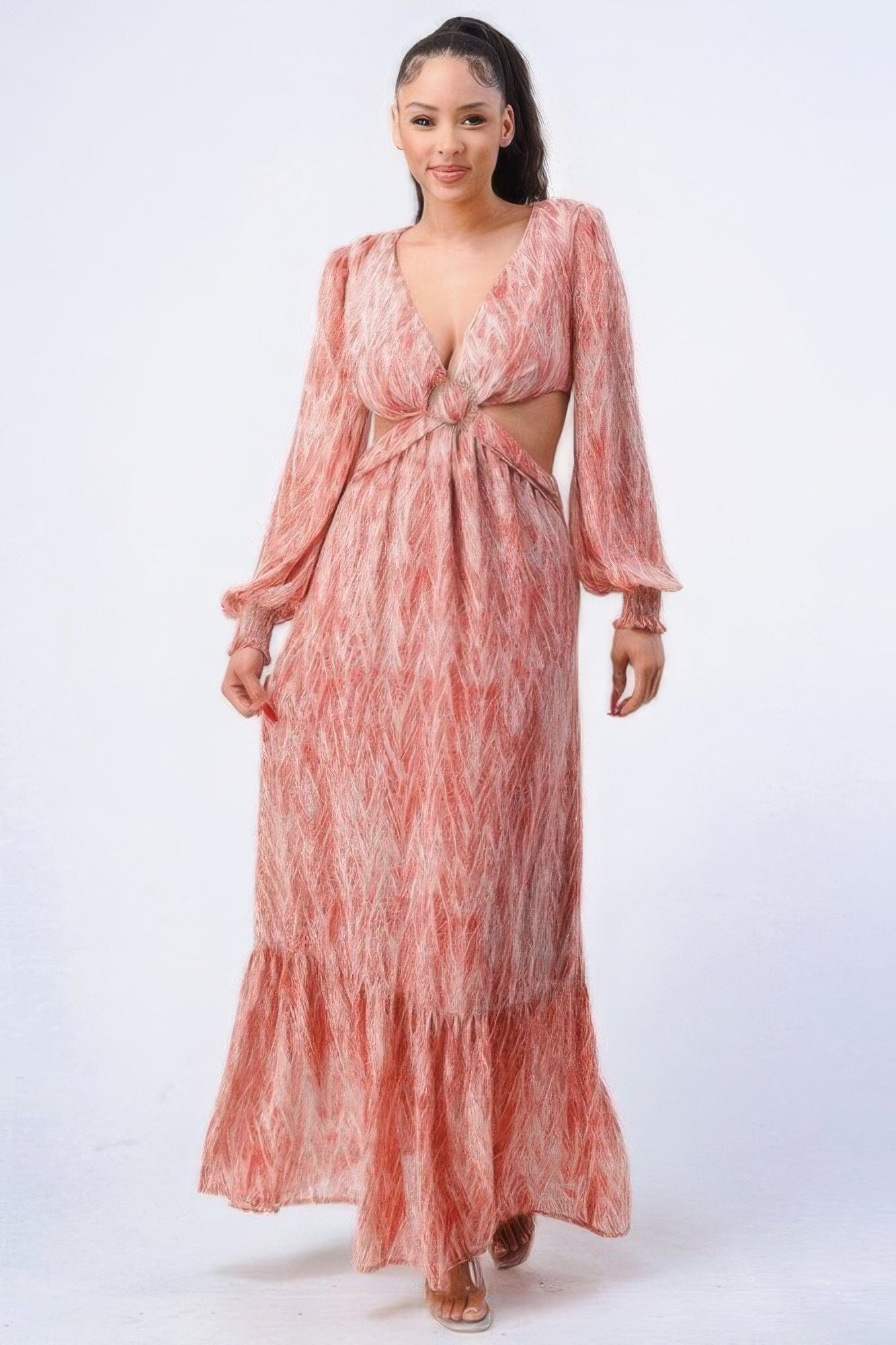 Women Long Sleeve V Neck Self Belted Side Cut Out Ruffled Maxi Dress Dresses jehouze Terracotta S