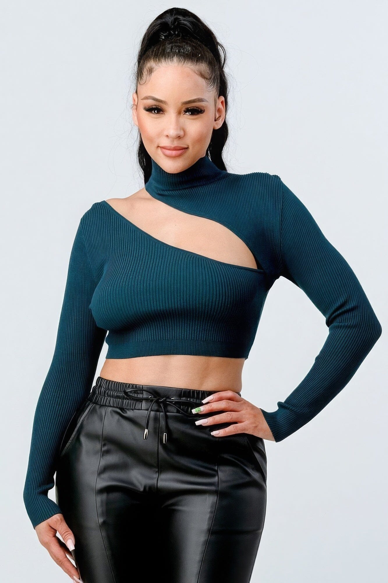 Women Lux Sweater Rib Cutout Mock Neck Crop Top Shirts & Tops jehouze Hunter S