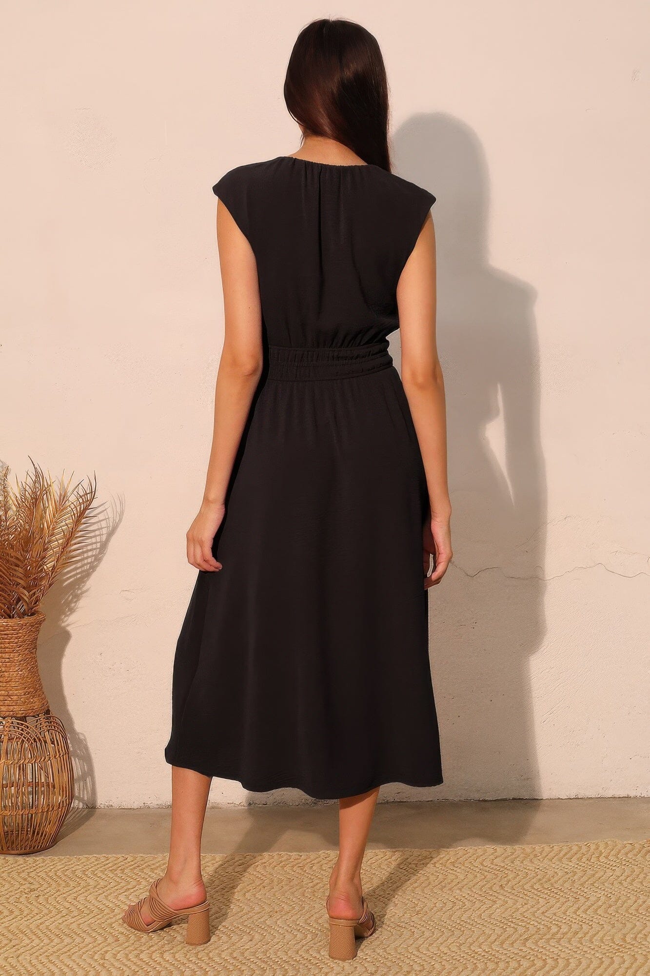 Women Matte Crepe Ruched Elastic Midi Dress Dresses jehouze