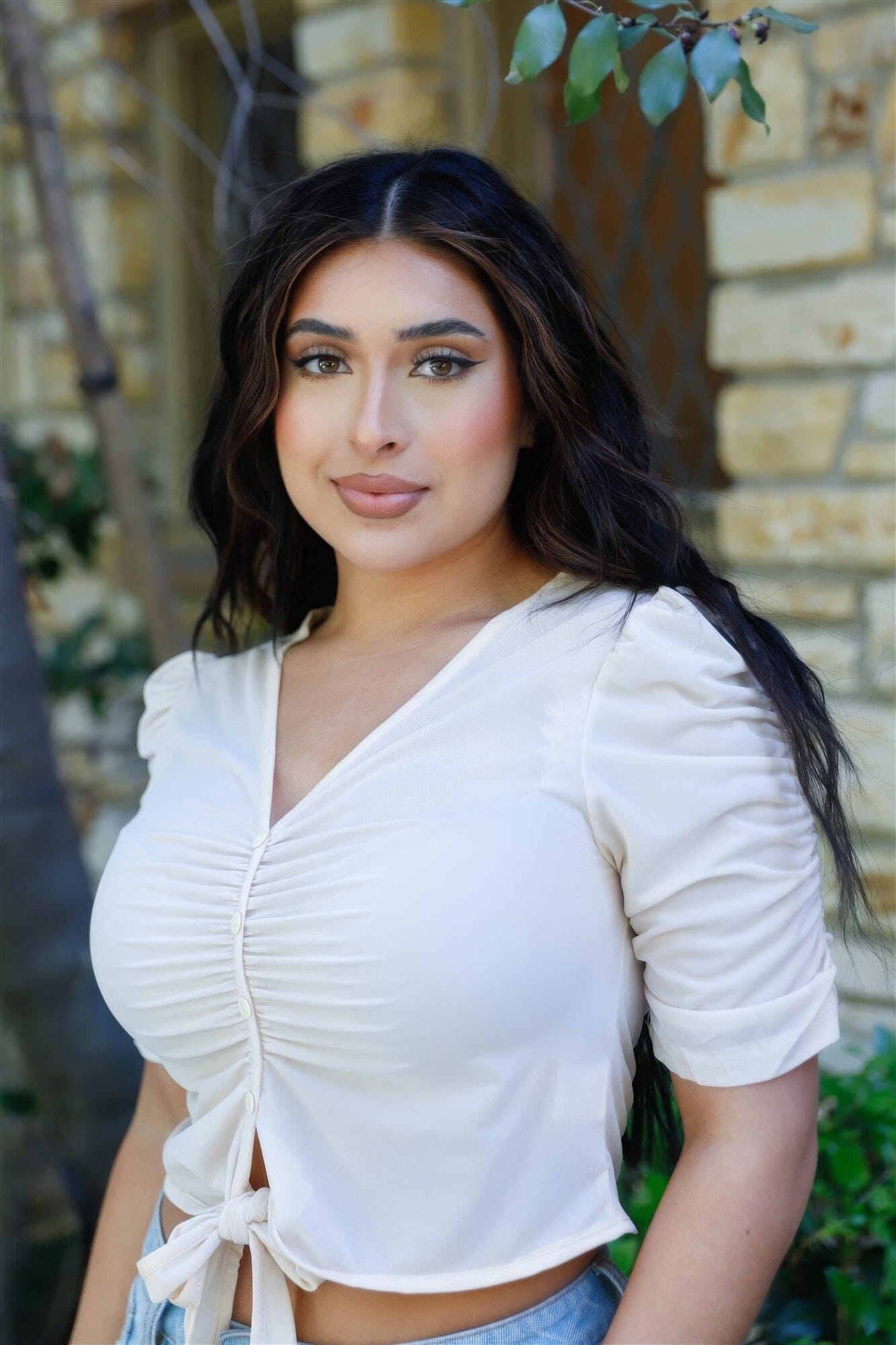 Women Mesh Button Up Self-tie Detail Ruched Short Sleeve Crop Top Shirts & Tops jehouze