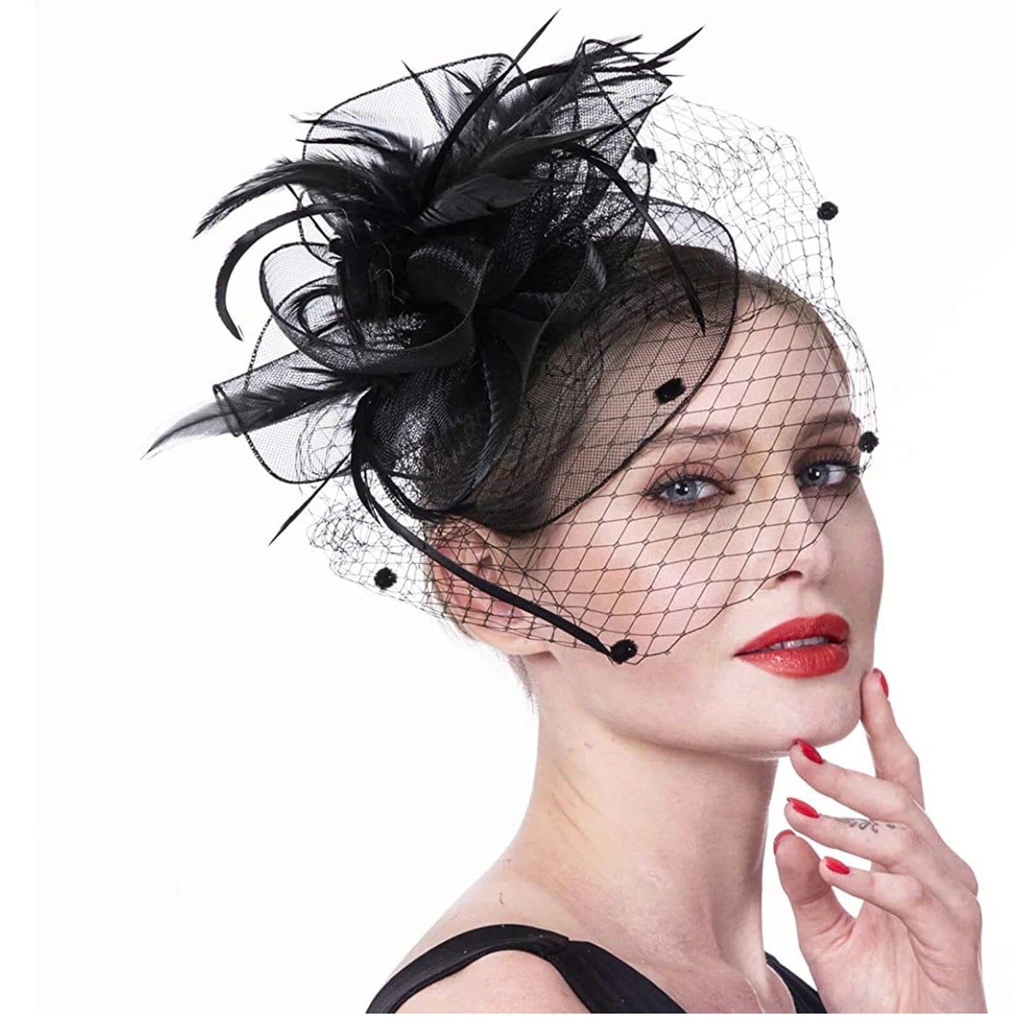Women Mesh Cocktail Headpiece Church Feather Wedding Fascinator Hat Fascinators jehouze HA5858-3