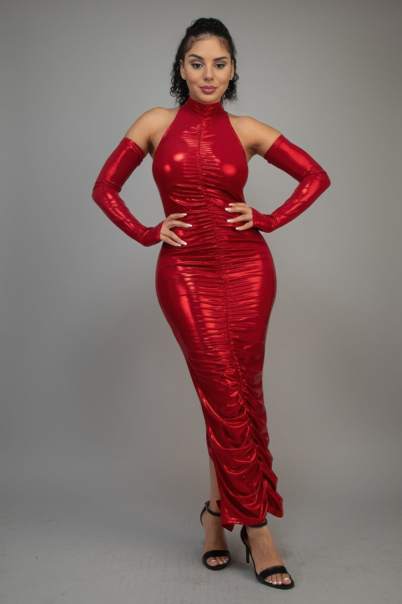 Women Metallic Ruched Maxi Dress With Sleeves Dresses jehouze
