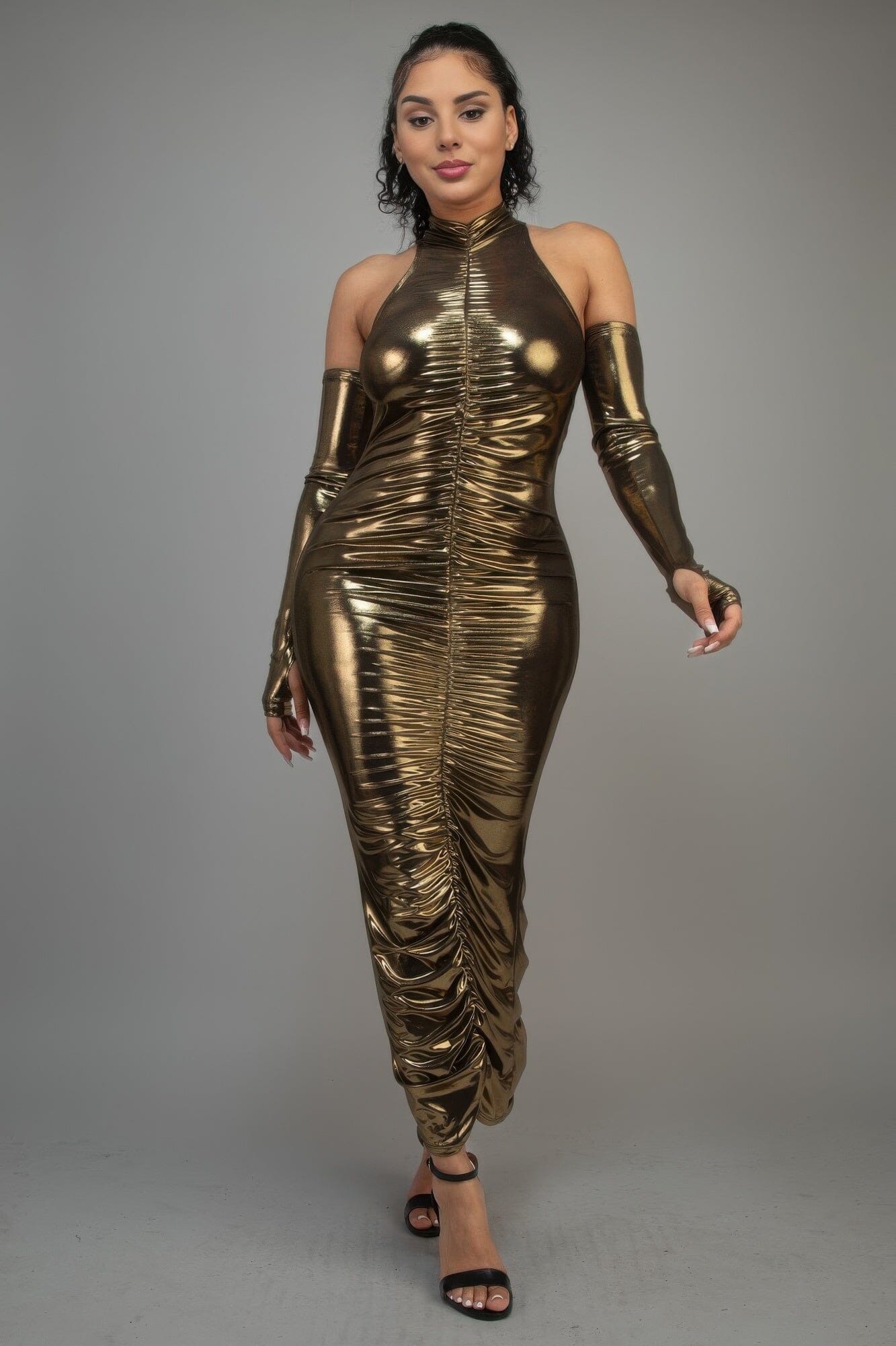Women Metallic Ruched Maxi Dress With Sleeves Dresses jehouze