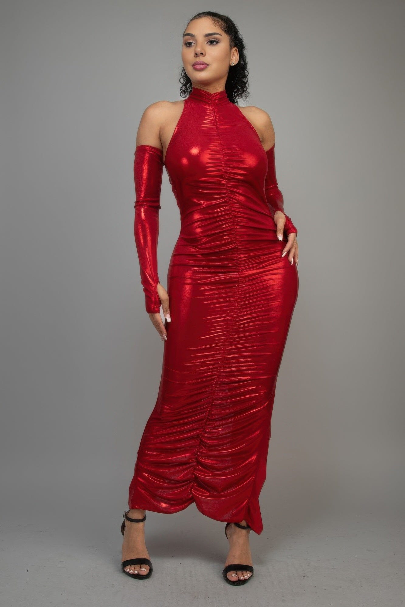 Women Metallic Ruched Maxi Dress With Sleeves Dresses jehouze
