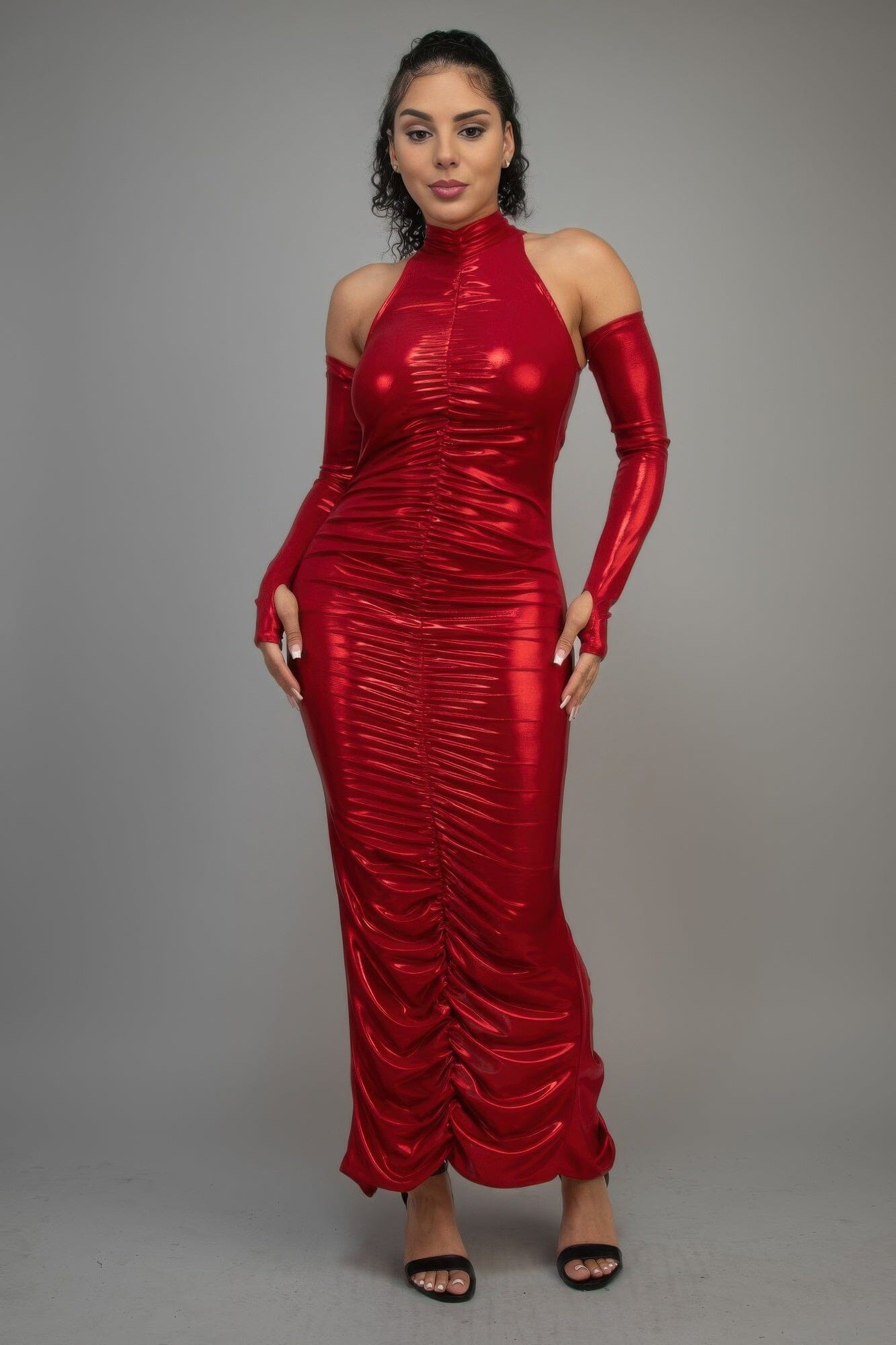 Women Metallic Ruched Maxi Dress With Sleeves Dresses jehouze Red S