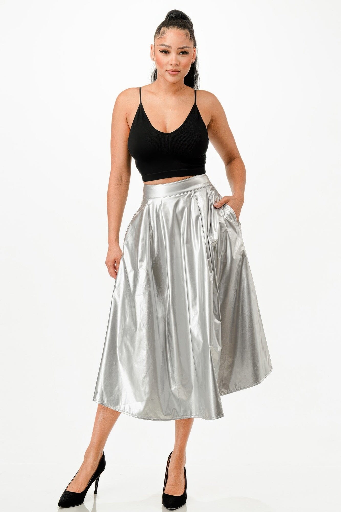 Women Midi Skirt With Pockets Skirts jehouze Silver S