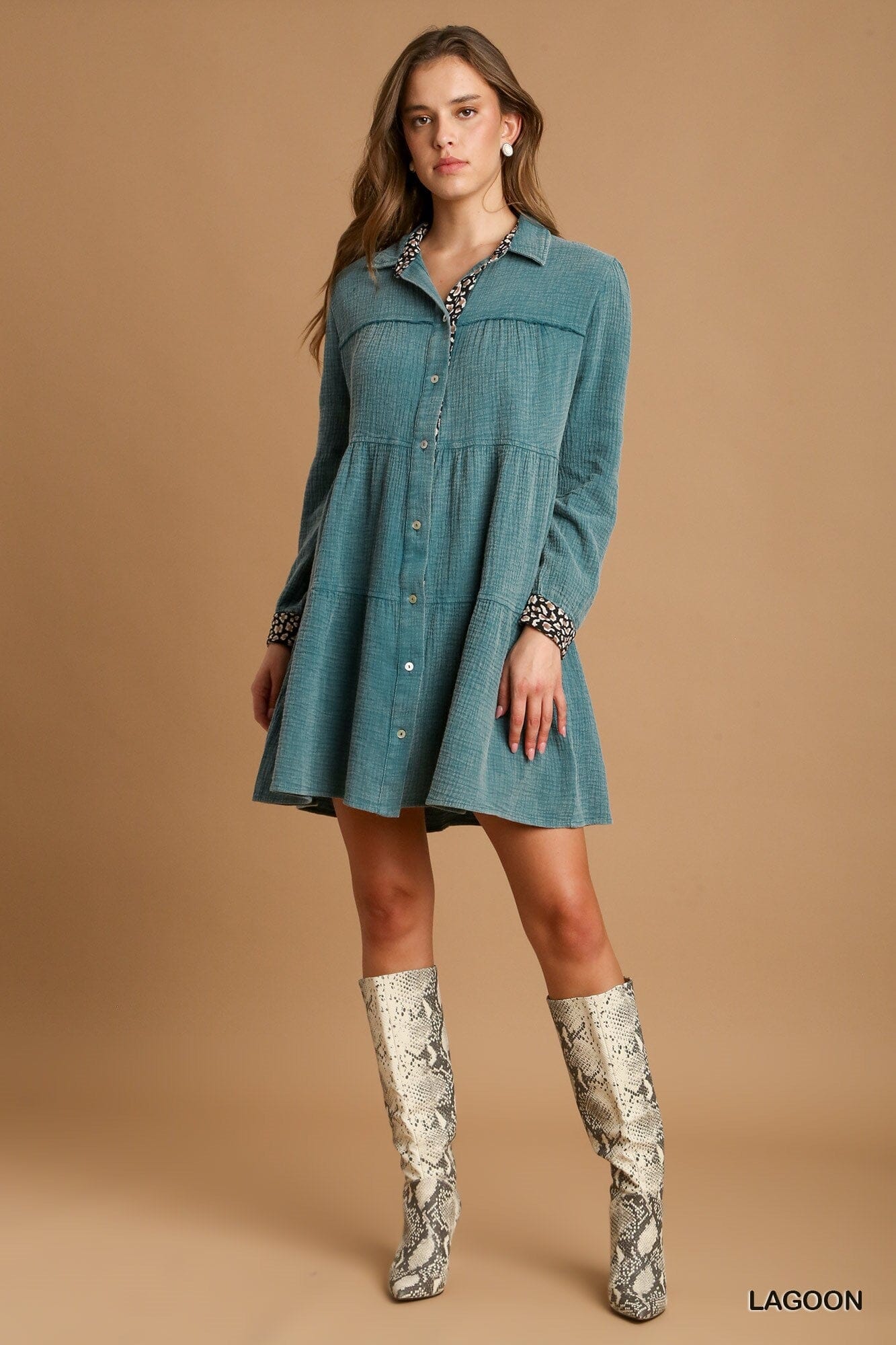 Women Mineral Wash Cotton Gauze Tiered Dress Dresses jehouze