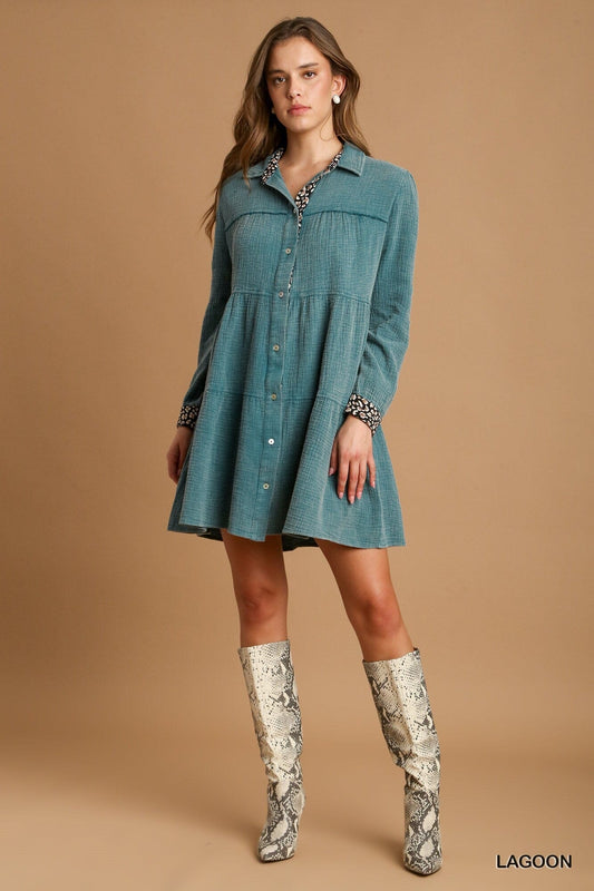 Women Mineral Wash Cotton Gauze Tiered Dress Dresses jehouze