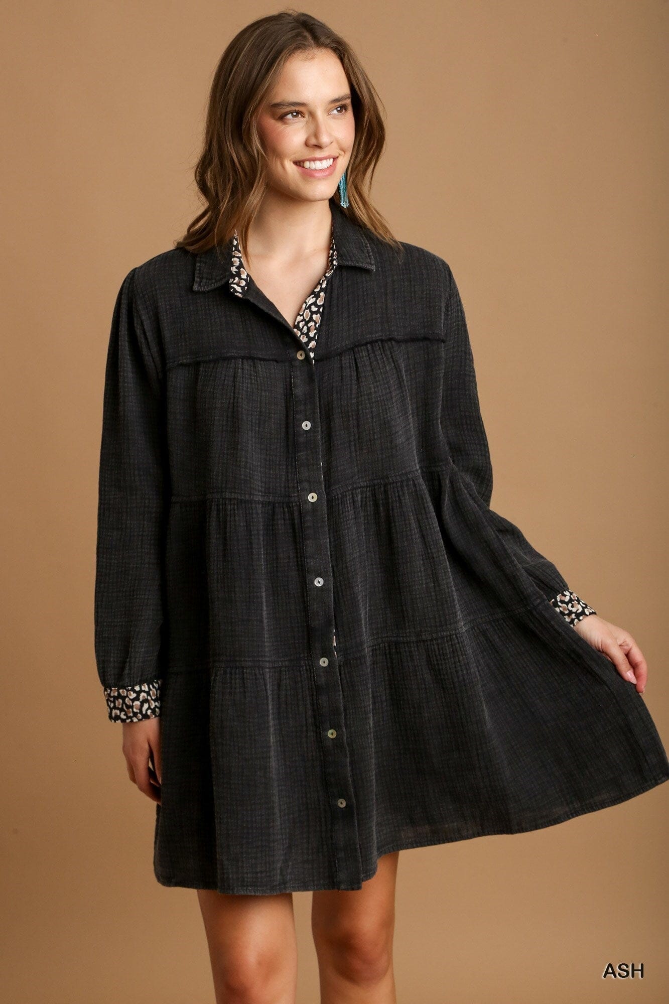 Women Mineral Wash Cotton Gauze Tiered Dress Dresses jehouze Ash S