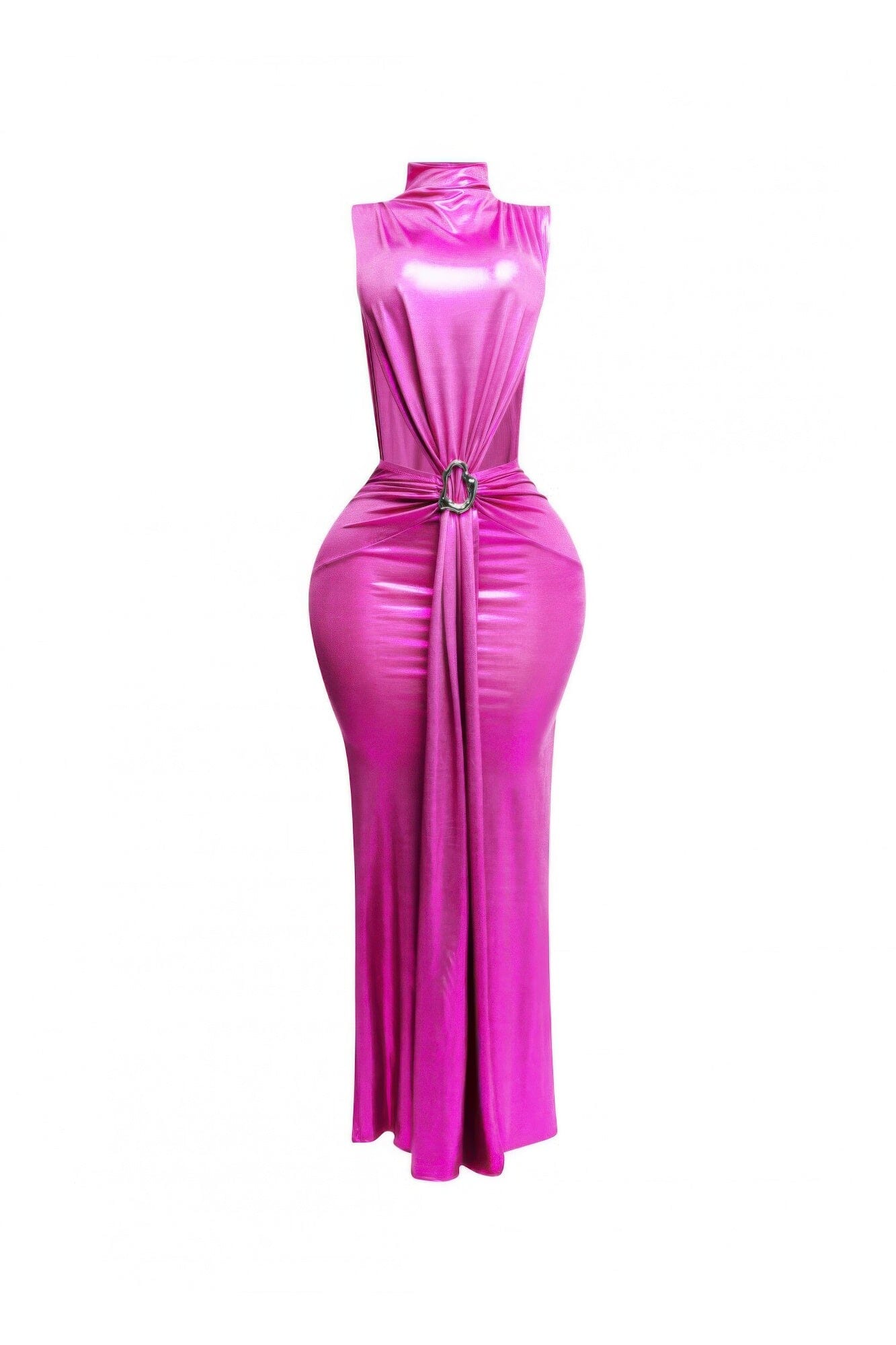 Women Mock Neck And Tied Waist Maxi Dress Dresses jehouze Fuchsia S