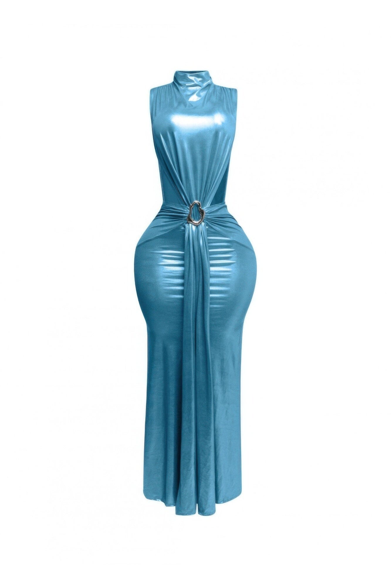 Women Mock Neck And Tied Waist Maxi Dress Dresses jehouze Turquoise S