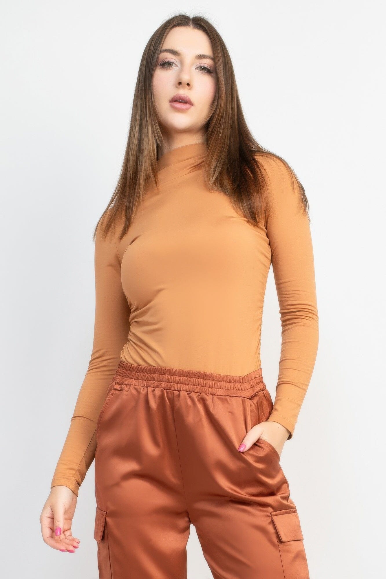 Women Mock Neck Long Sleeve Ruched Solid Top Shirts & Tops jehouze