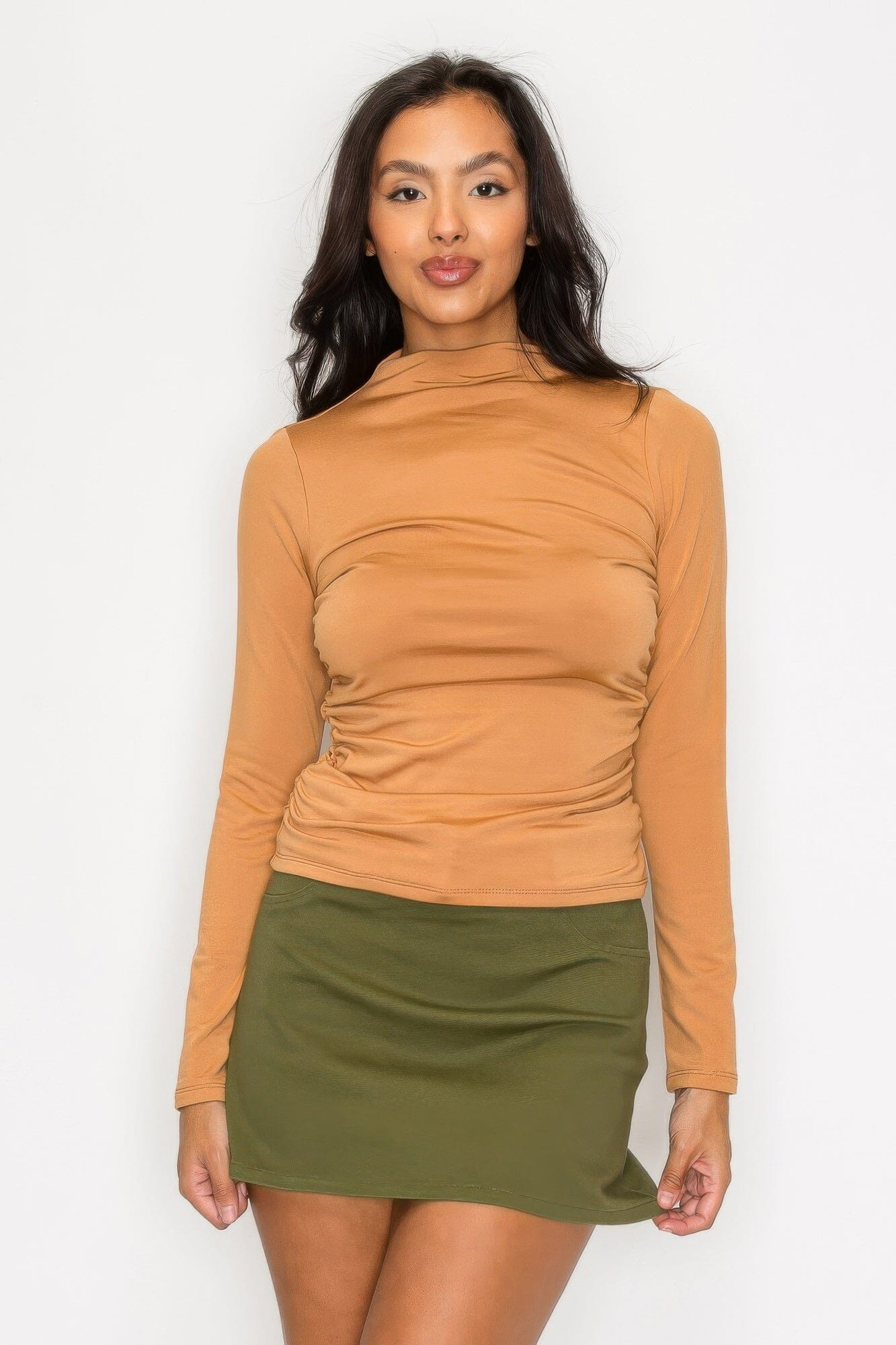 Women Mock Neck Long Sleeve Ruched Solid Top Shirts & Tops jehouze Taupe S
