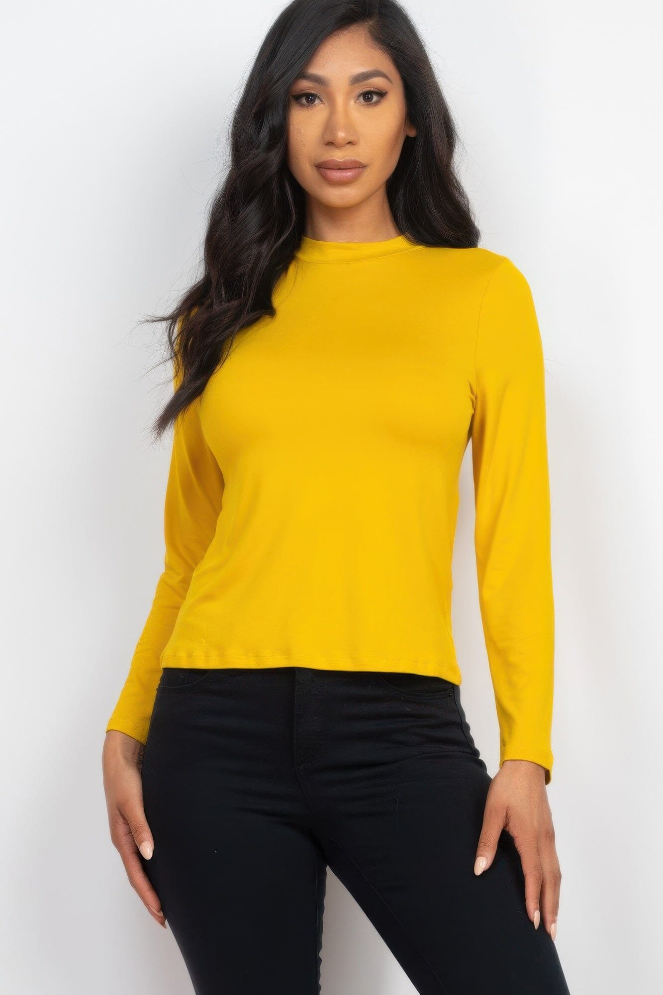 Women Mock Neck Solid Long Sleeve Top Shirts & Tops jehouze Mustard S