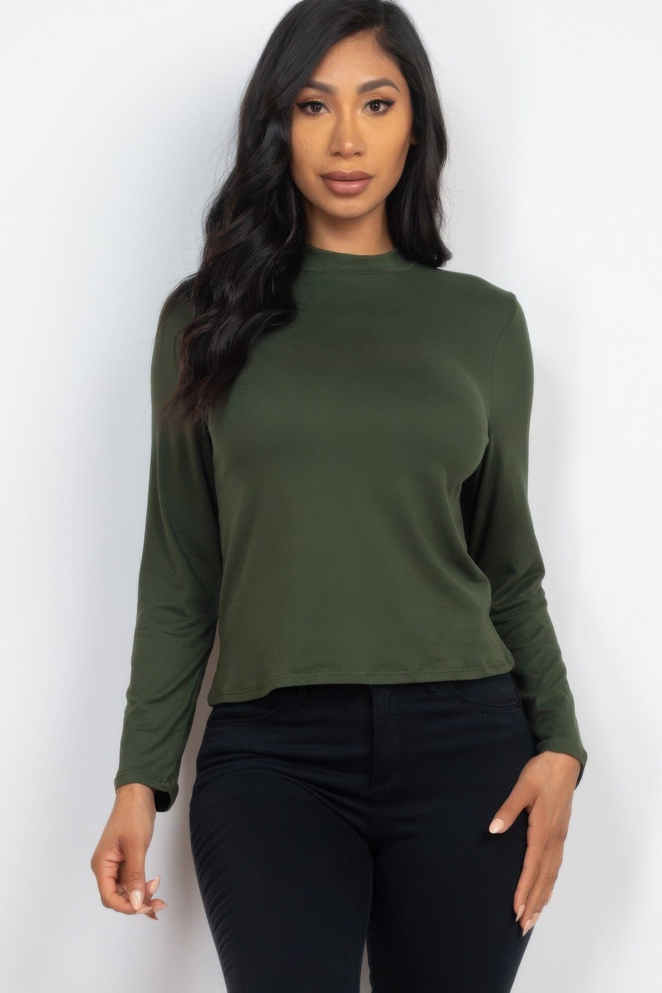 Women Mock Neck Solid Long Sleeve Top Shirts & Tops jehouze Olive S