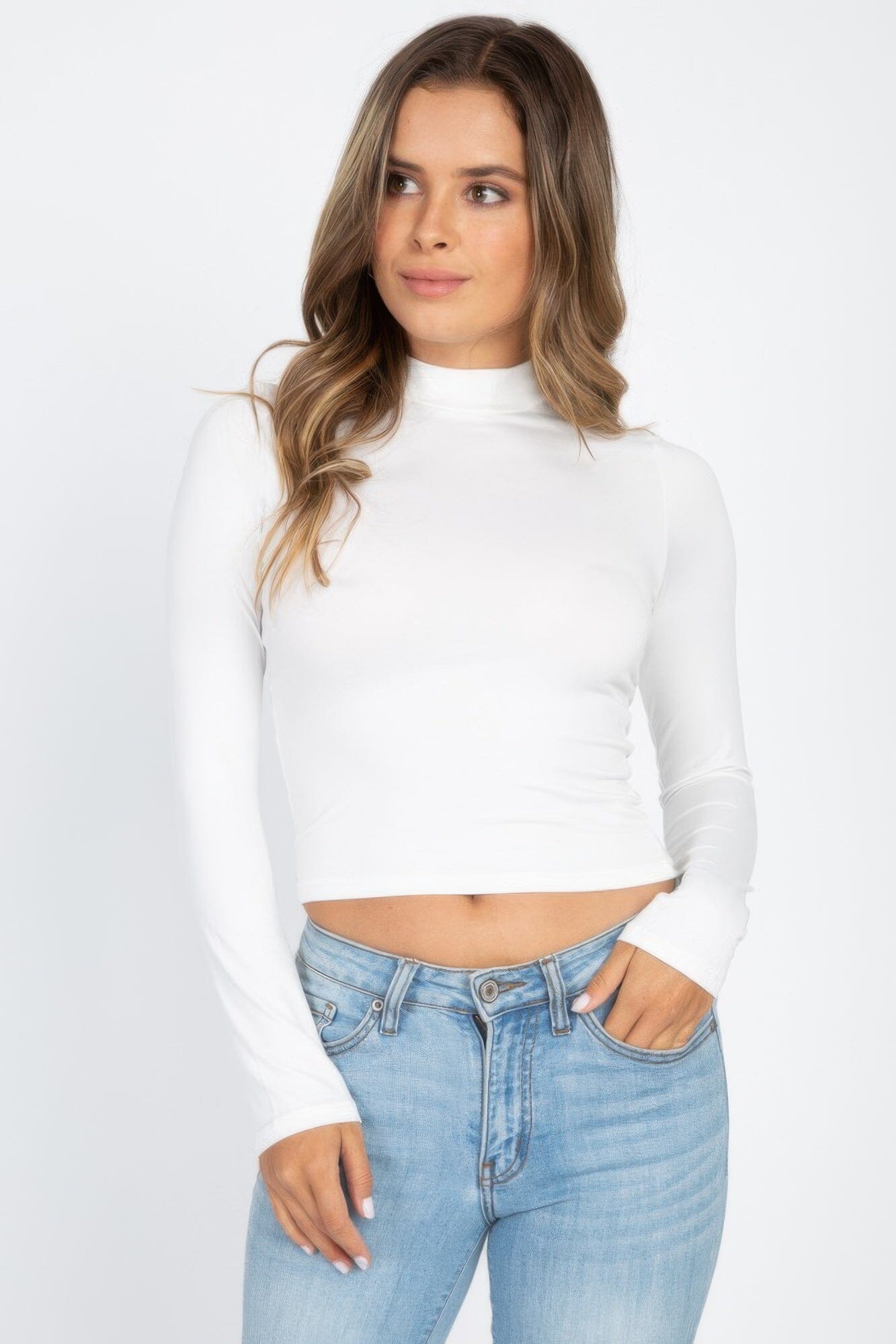 Women Mock Neck Solid Long Sleeve Top Shirts & Tops jehouze White S