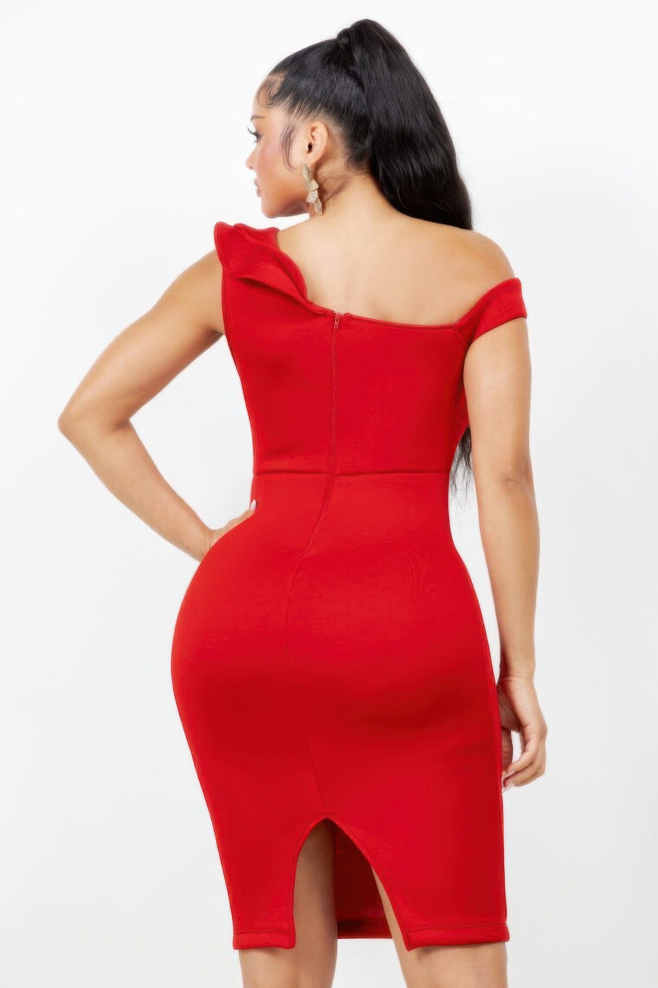 Women Monroe Asymmetric Ruffle Midi Party Cocktail Dress Dresses jehouze
