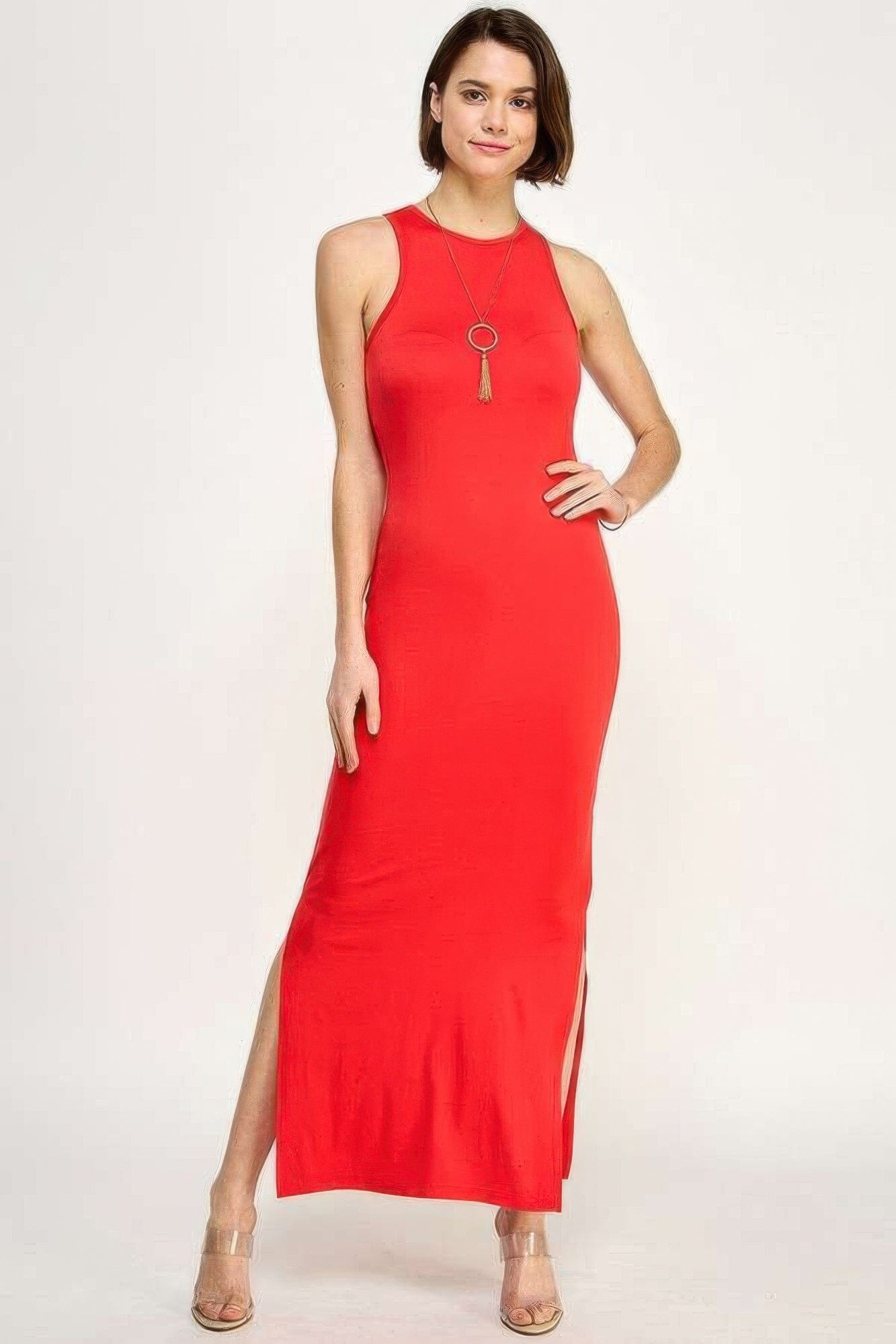 Women Neck Side Slit Max Dress Dresses jehouze Cherry pop S