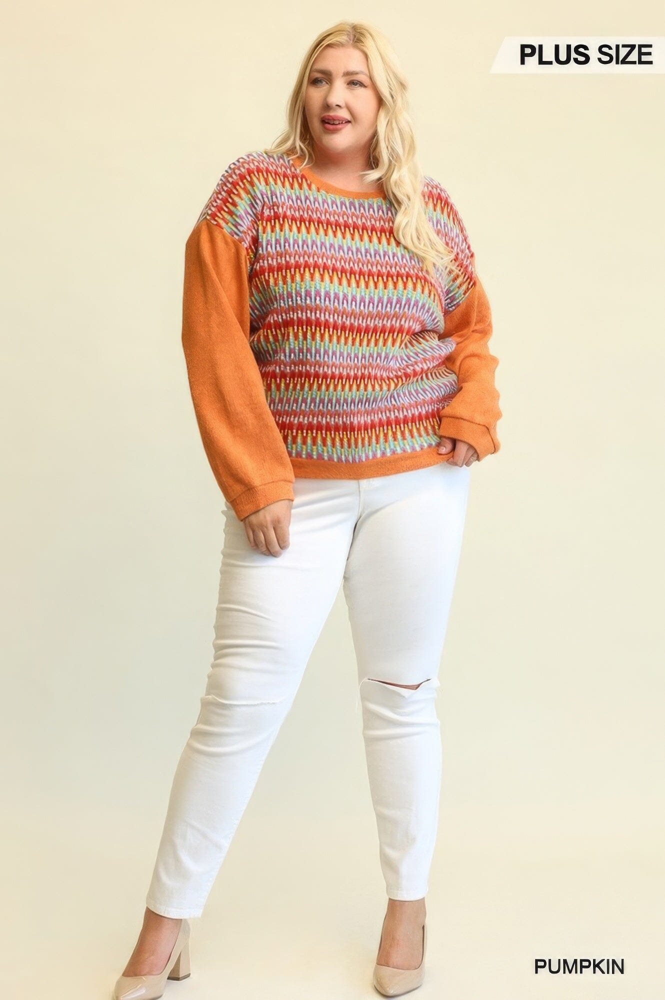 Women Novelty Knit And Solid Knit Mixed Loose Top With Drop Down Shoulder Shirts & Tops jehouze Pumpkin XL