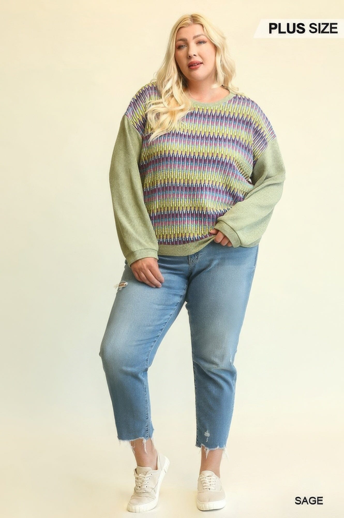 Women Novelty Knit And Solid Knit Mixed Loose Top With Drop Down Shoulder Shirts & Tops jehouze Sage XL