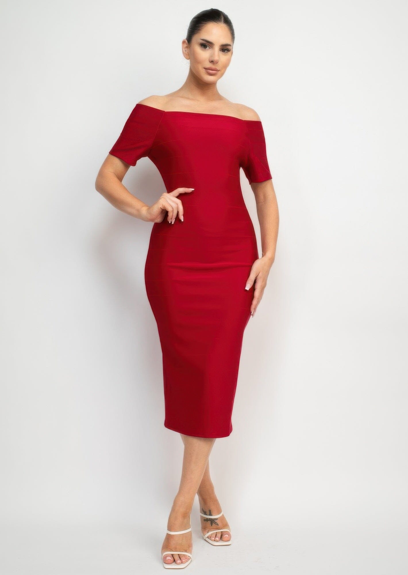 Women Off Shoulder Zippered Bodycon Dress Dresses jehouze Dark red S
