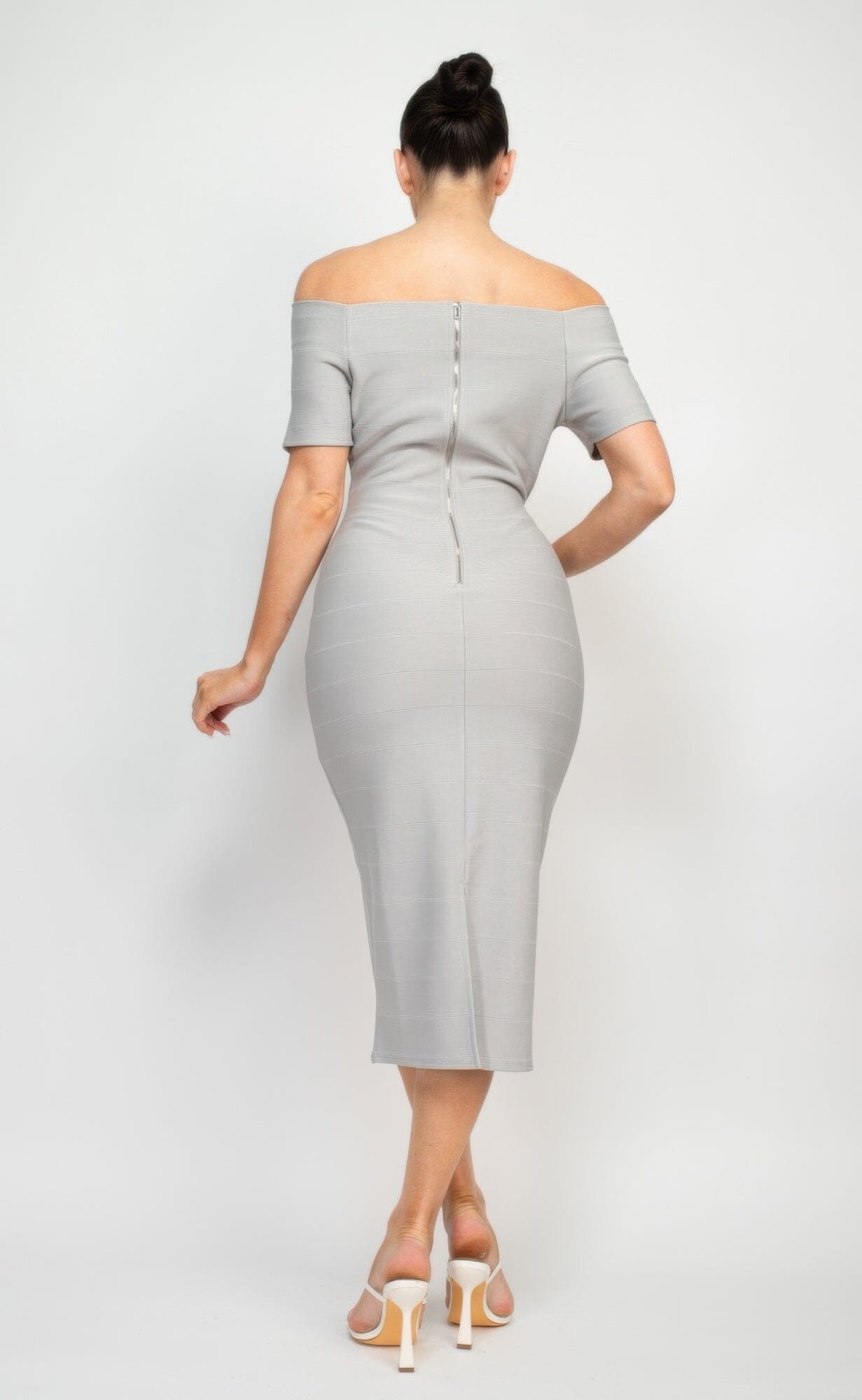 Women Off Shoulder Zippered Bodycon Dress Dresses jehouze Silver S