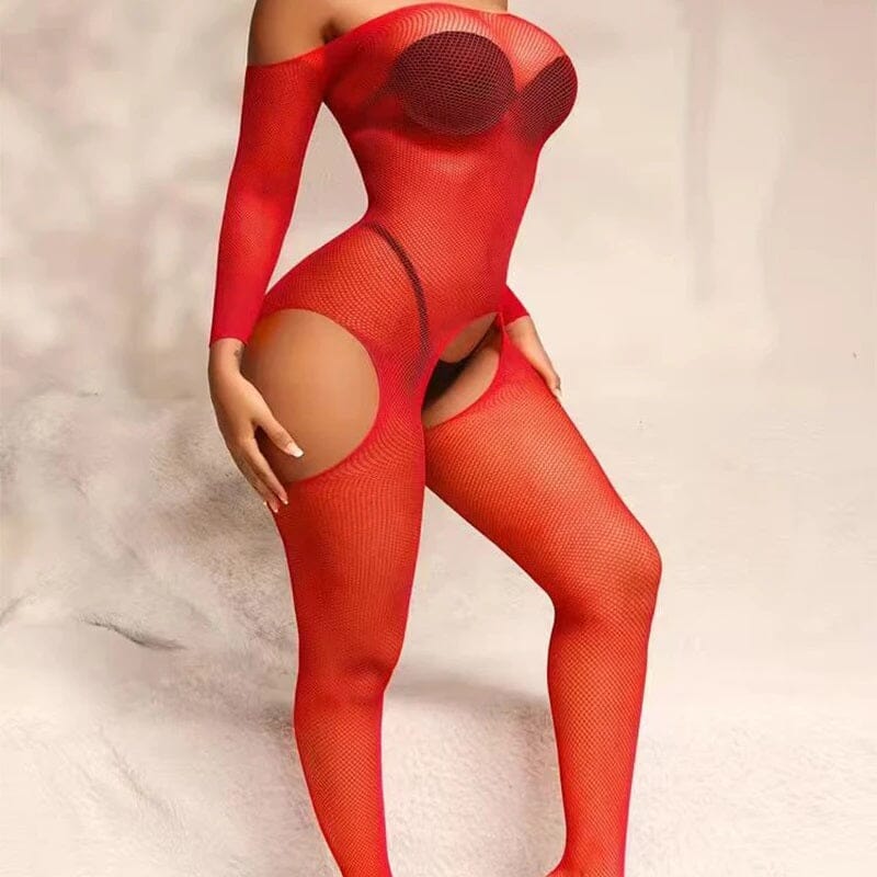 Women One Pc Fishnet Crotchless Lingerie Body Stockings Lingerie jehouze bod21-red