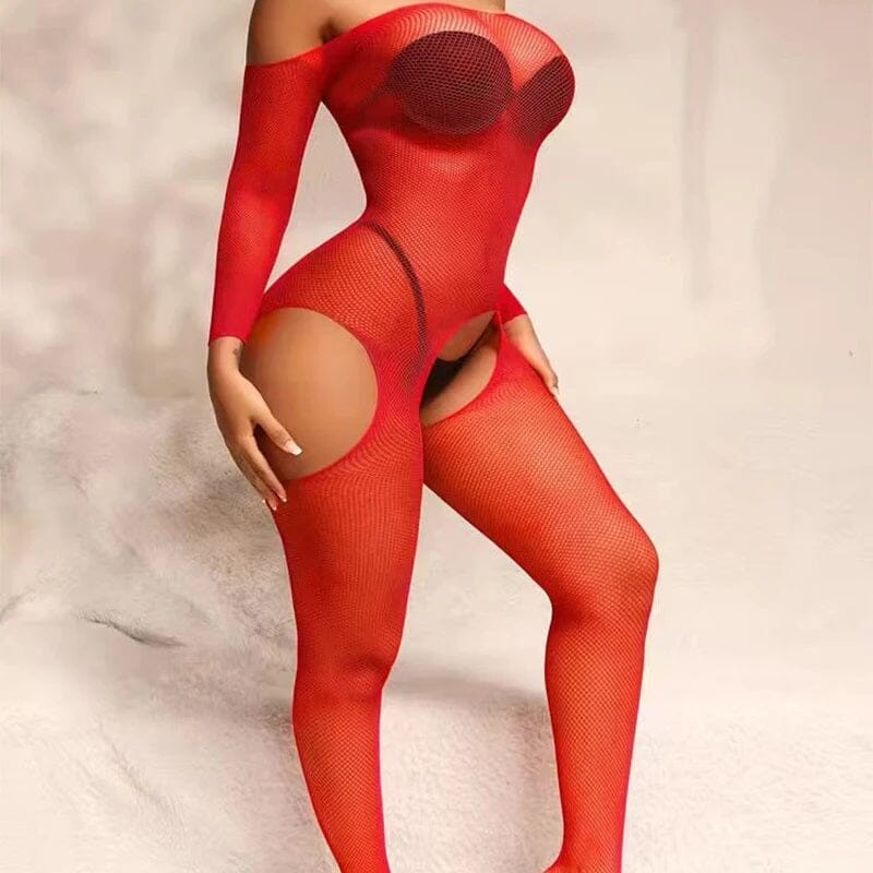 Women One Pc Fishnet Crotchless Lingerie Body Stockings Lingerie jehouze bod21-red 