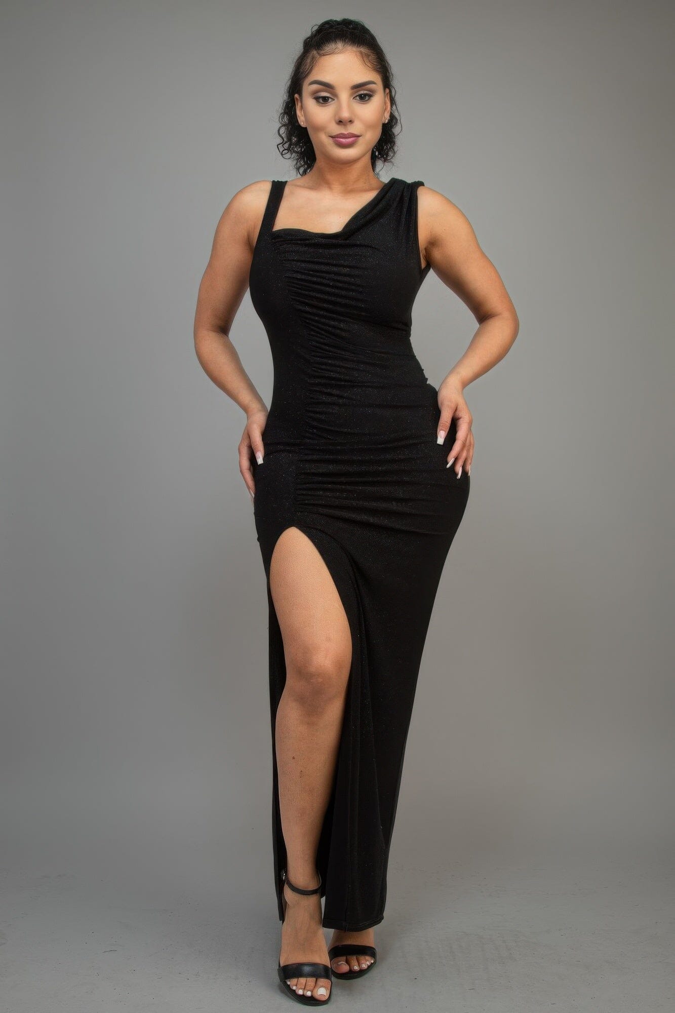 Women One Shoulder Glitter Slitted Maxi Dress Dresses jehouze