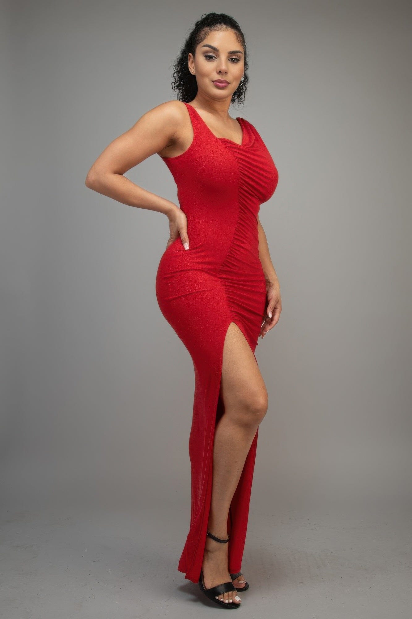 Women One Shoulder Glitter Slitted Maxi Dress Dresses jehouze