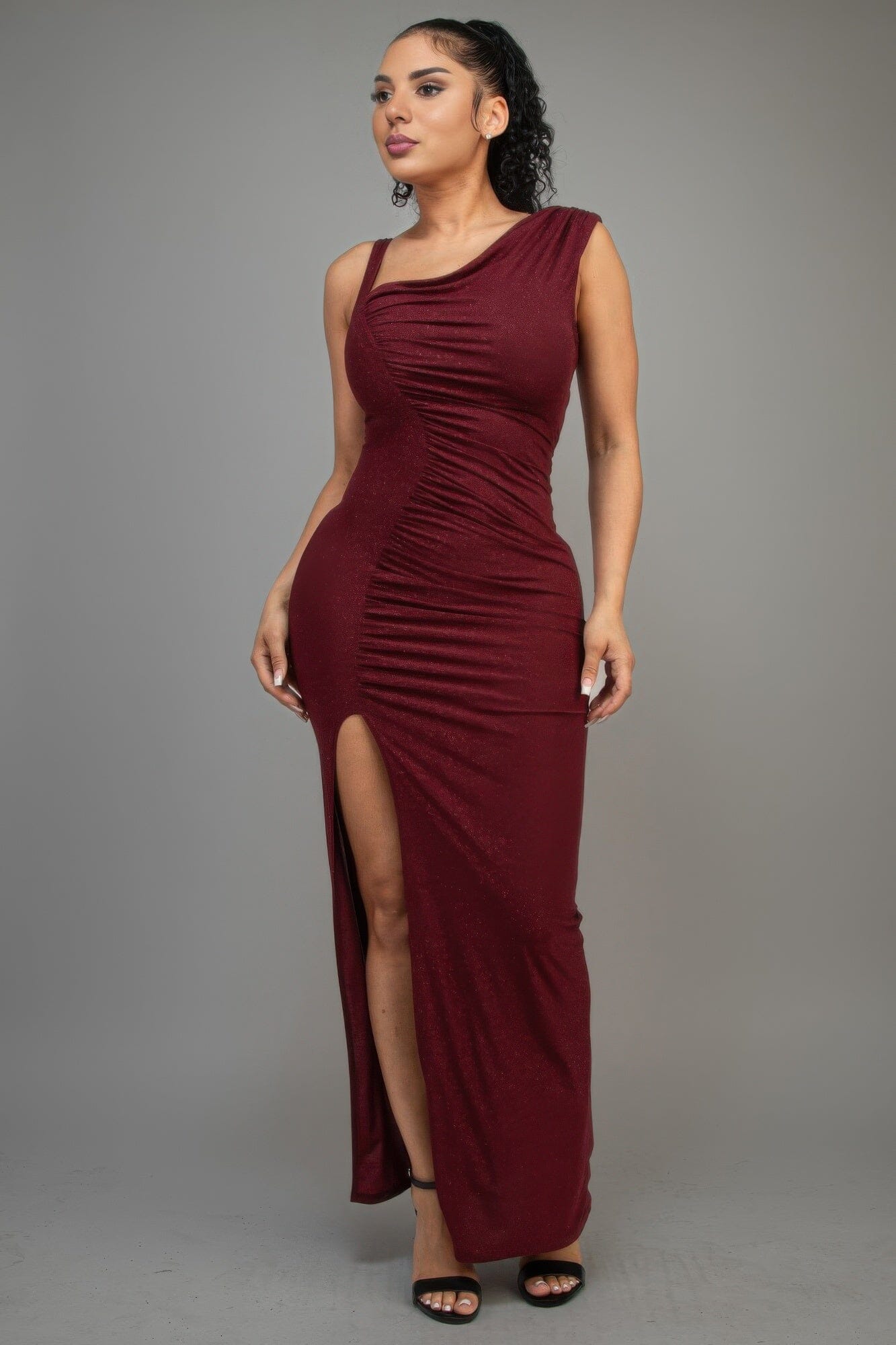 Women One Shoulder Glitter Slitted Maxi Dress Dresses jehouze Burgundy S