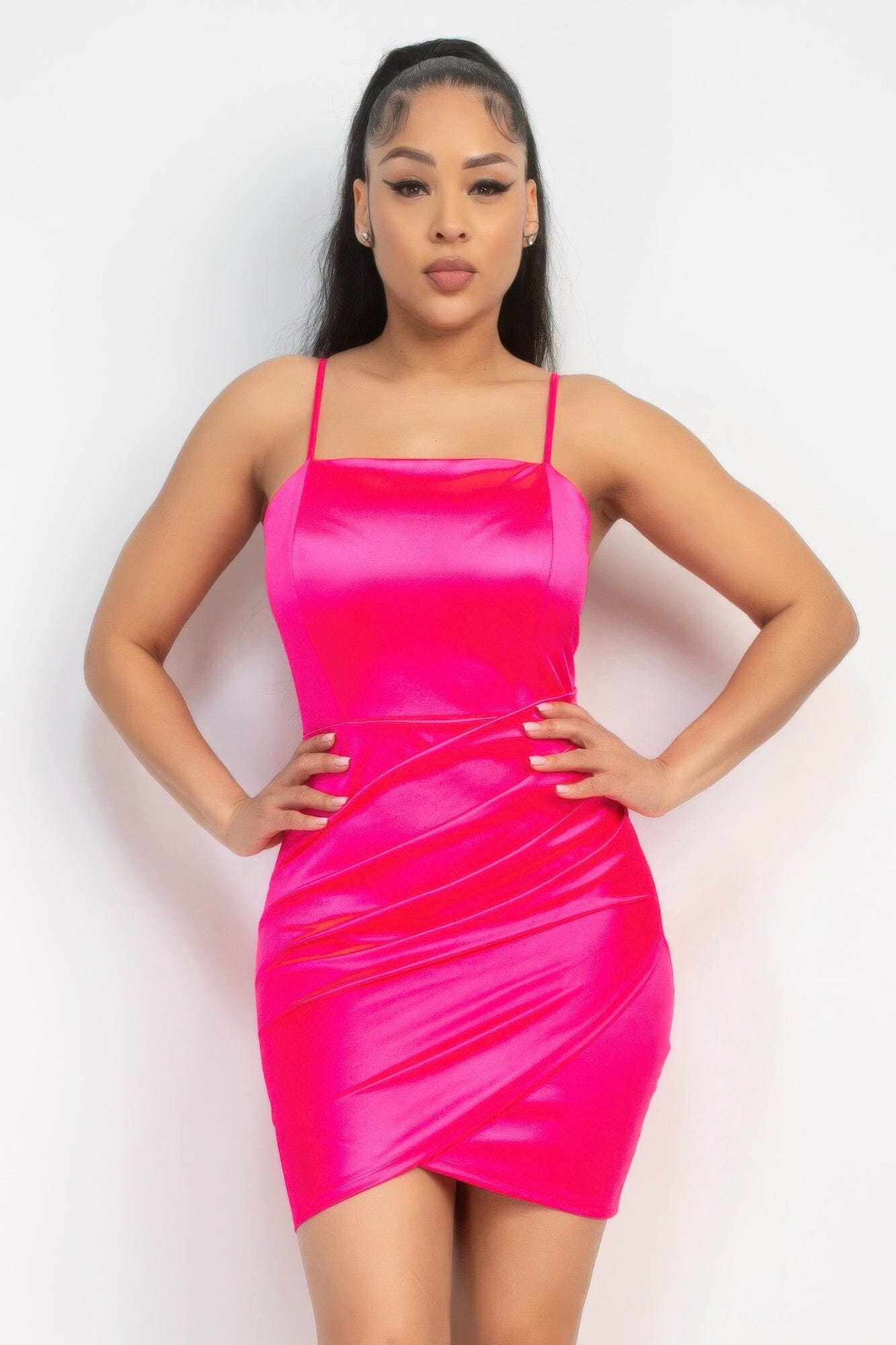 Women Overlapping Hem Shirred Satin Dress Dresses jehouze