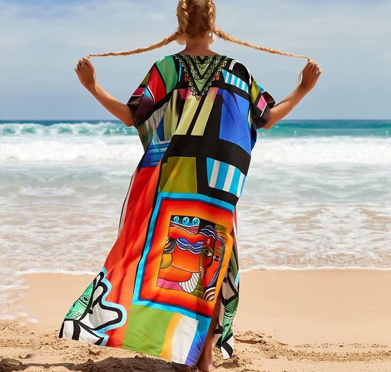 Women Oversize Kaftan Bohemian Printed Swimsuit Cover Ups Dresses jehouze