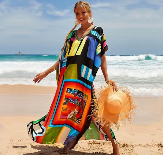 Women Oversize Kaftan Bohemian Printed Swimsuit Cover Ups Dresses jehouze Q1342-0 ONE SIZE