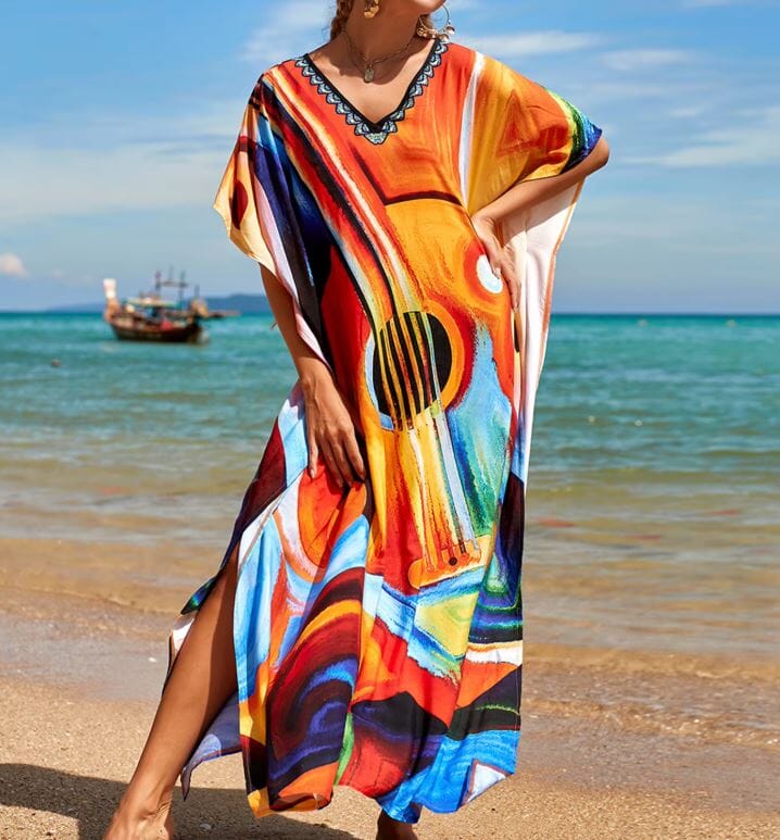 Women Oversize Kaftan Bohemian Printed Swimsuit Cover Ups Dresses jehouze Q1342-1 ONE SIZE