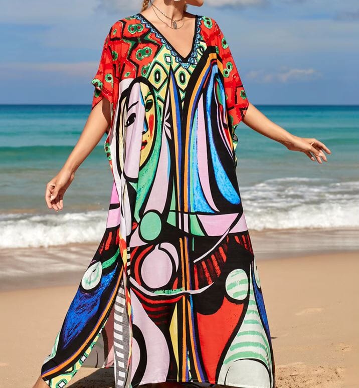 Women Oversize Kaftan Bohemian Printed Swimsuit Cover Ups Dresses jehouze Q1342-2 ONE SIZE