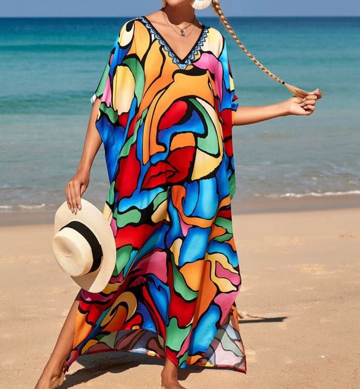 Women Oversize Kaftan Bohemian Printed Swimsuit Cover Ups Dresses jehouze Q1342-3 ONE SIZE