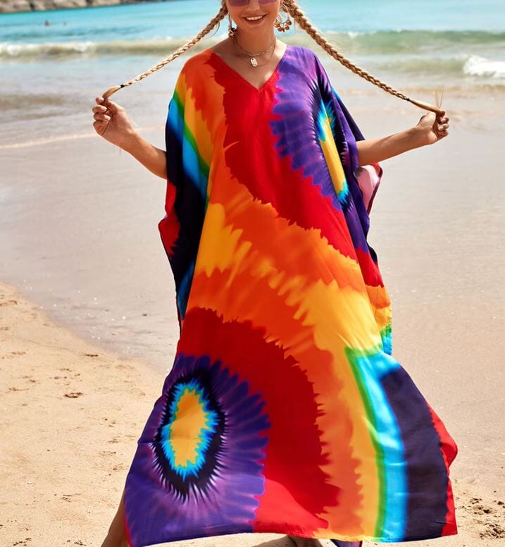 Women Oversize Kaftan Bohemian Printed Swimsuit Cover Ups Dresses jehouze Q1342-7 ONE SIZE