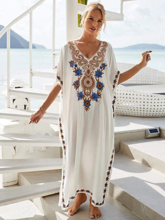 Women Oversize Kraftan Embroidery Swimwear Coverup Long Dress Dresses jehouze