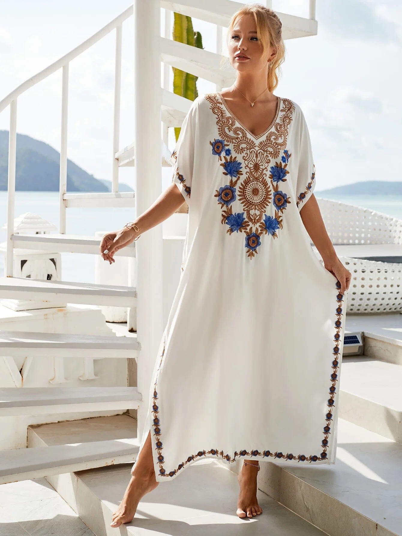 Women Oversize Kraftan Embroidery Swimwear Coverup Long Dress Dresses jehouze Q1490